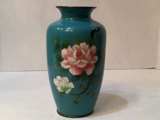 Antique Japanese Cloisonné Vase Signed Ando 7” Turquoise & Flowers