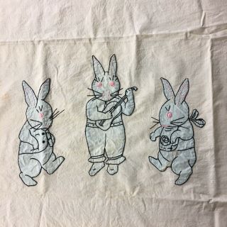 Vintage Hand Embroidered Dancing Rabbits 35”x 49.  5” Cover Blue Pink