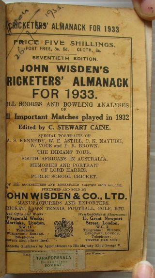 Wisden Cricketers Almanack 1933 Rebound