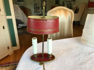 Antique Brass Bouillotte Lamp Neo - Classical Candelabra French Red Tole Shade