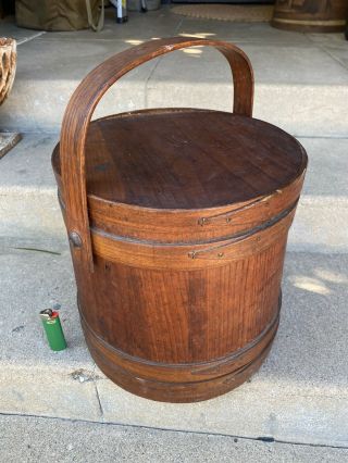 Antique Primitive Maple Pine Firkin Sugar Bucket Pail Oak Bentwood Handle 19th C