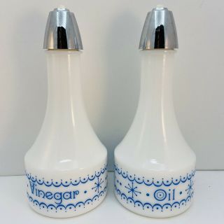 Vintage Gemco Oil & Vinegar Cruet Bottles White Milk Glass Blue Scallop Stars 7”