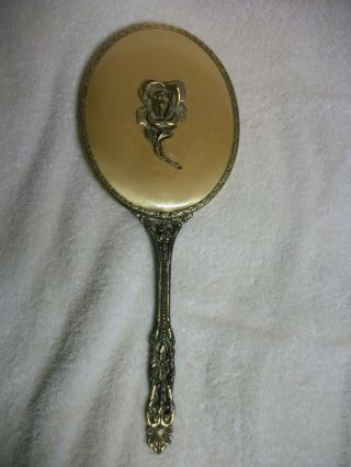 Vintage 24k Gold Plated Rose Design Vanity Hand Mirror