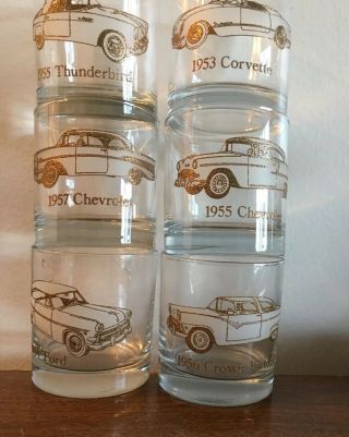 Muscle Car Drink Glass Set - 1953 Corvette 1955 T - Bird 1956 Crown Vic 1957 Chevy