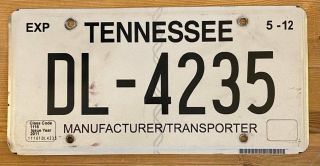 Tennessee 2012 Manufacturer / Transporter License Plate Quality Dl - 4235