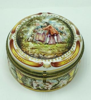 Antique Capodimonte Porcelain Trinket Box Cherub Angel Cupid Gold Made In France