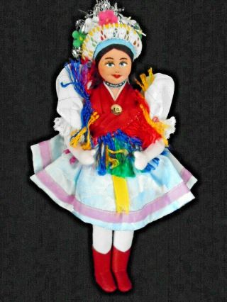 Cute Vintage Hungarian Kalocsa Doll Handmade With Painted Face Colorful 8 1/2 "
