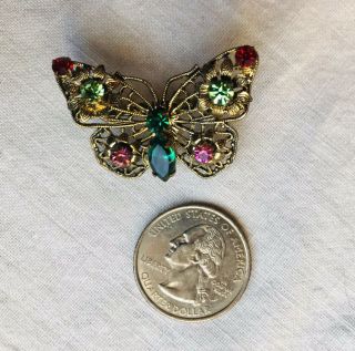 Vtg Rhinestone Butterfly Pin Brooch Filigree Multi - Color Gold Tone 1 1/2 "