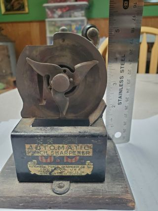 Antique Us Automatic Pencil Sharpener Co Mounted On Wooden Base Pat 1906 - 1908