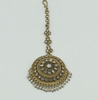 Vintage Gold Tone Rhinestone Faux Pearl Round Floral Dangle Pendant
