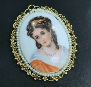 Antique Vintage Lady Woman Cameo Portrait Brooch Pin Hand Painted Porcelain