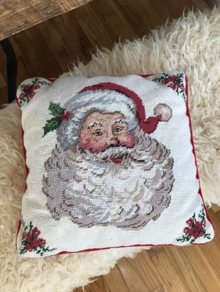 Vintage Wool Needlepoint Christmas Old - World Santa 13”square Pillow Cover Red