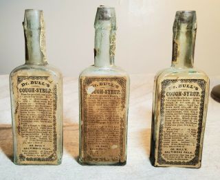 3 Antique Aqua Embossed & Labeled Dr.  Bull 
