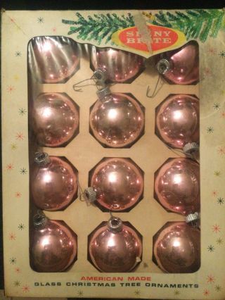 Vintage Shiny Brite Glass Christmas Ornaments Pink With Box Made In Usa