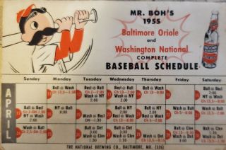 Baltimore Orioles/ Washington National National Bohemian 1955 Pocket Schedule.