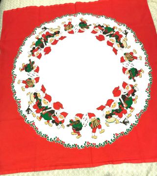 Vintage Christmas Elves Elf Linen Table Cloth 40 " Square - Card Table Size