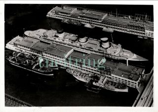 French Line Ss Normandie At Ny Aerial Funnels Ww2 1941 Vintage Photo