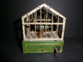 Antique Tin Toy Wind Up Song Bird In Cage,  J.  A.  J.  Gesesch,  Germany -