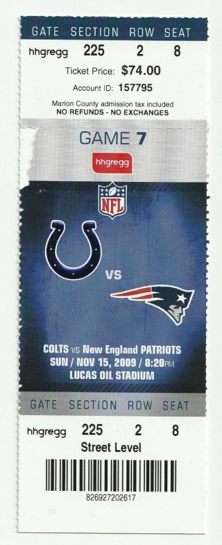 Ticket 2009 Colts England Patriots Peyton Manning Tom Brady 4th & 2 Game