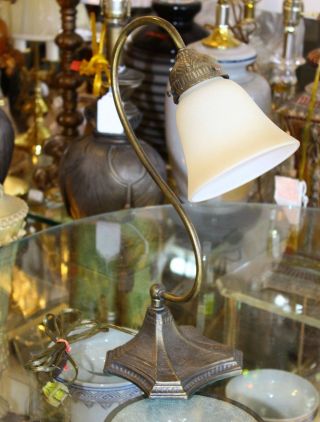 Desk Lamp Antique Brass W/glass Shade
