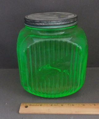 Antique Anchor Hocking Green Depression Glass Canister Cookie Jar Uranium W/ Lid