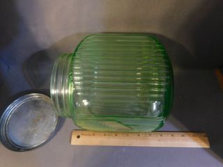 Antique Anchor Hocking Green Depression Glass Canister Cookie Jar Uranium w/ Lid 3