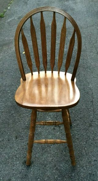 Antique Vintage Carved Oak Wood Windsor Swivel Counter Bar Stool Chair -
