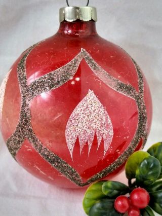 Vintage Christmas Ornament Red Mercury Glass Glittered Made In U.  S.  Of A