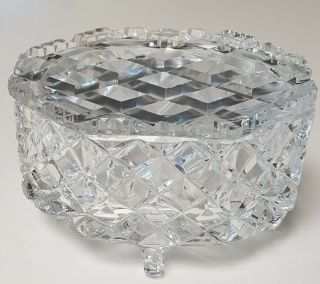 Vintage 1950s Diamond Cut Footed Dressing Table Crystal Jewellery Trinket Box