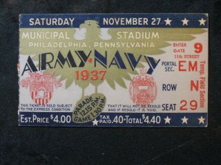 Vintage 1937 Army Vs Navy Ticket Stub Municipal Stadium