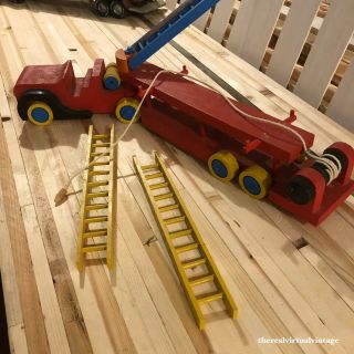 Vintage Wooden Toy Fire Truck Homemade Hand Crafted Detailed