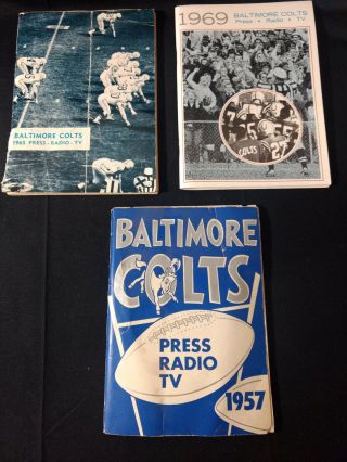 3 Vtg 1957,  1965,  & 1969 Baltimore Colts Football Press,  Radio,  & Tv Guide Books