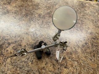 Antique Adjustable Cast Iron Base Jewelers Magnifying Glass W/ Alligator Clips