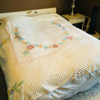 Vtg White Chenille Bedspread Floral Cotton 91 " X 82 " Shabby Chic Cutter