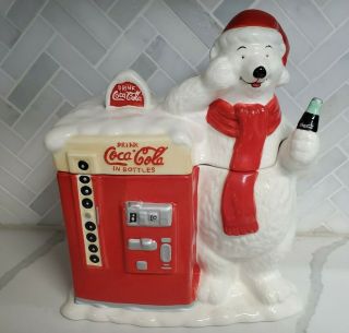 Vintage Coca Cola Polar Bear Vending Machine Ceramic Cookie Jar Houston Harvest