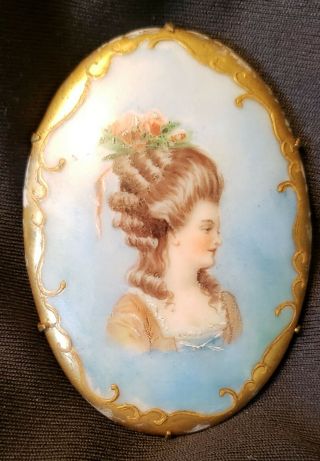Antique,  Hand Painted & Gold Gilt 18th C.  Lady On Porcelain,  Brooch,  2 - 1/2 " X 2 "