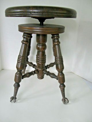 Vintage Wooden Piano Stool With Fancy Baluster Legs And Claw Feet Glass Ball