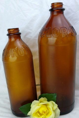 2 Vintage Brown Glass Clorox 16 And 32 Oz Bottle Textured