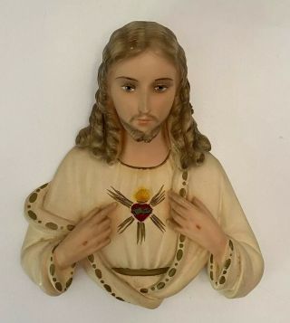 Vintage Religious Sacred Heart Jesus Chalkware Ceramic Wall Plaque 10”tall 1950s
