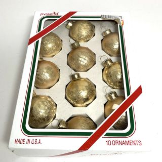 Pyramid Christmas Ornaments Gold Glass Balls With Glitter Stencil 1 3/4 " Vintage