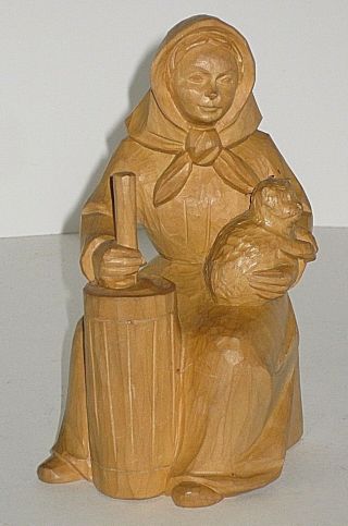 Statue Figurine Carved Wood Women Churning Butter With Cat On Lap 7 " Tall Vtg