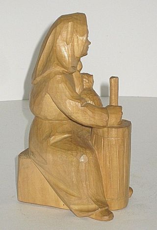Statue Figurine Carved Wood Women Churning Butter with Cat on Lap 7 