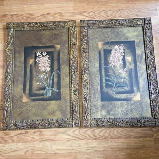 Vintage 27 " X 18 " Oriential Floral Prints On Wood By Oriental Accents