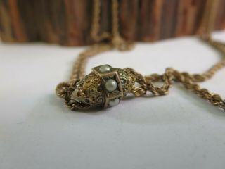 Antique Victorian Gold Filled Seed Pearl Pocket Watch Slide Chain Necklace L2