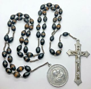 † Nun Antique Black Wooden Beads,  Habit Rosary W Lady Of Good Counsel Medal †
