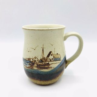 Vintage Stoneware Seagull Mug Nautical Ocean Scene Boats Coffee Cup 12 Oz.