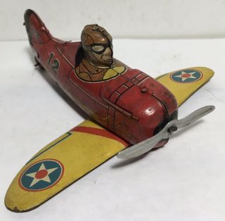 Vintage Marx Red Roll Over Plane 12 Tin Wind - Up Stunt Airplane For Parts/repair