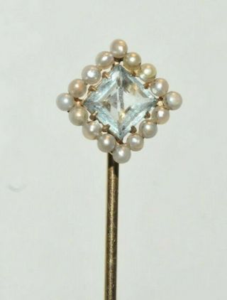 Vintage 14k Blue Aqua Marine Seed Pearls Yellow Gold Stick Pin