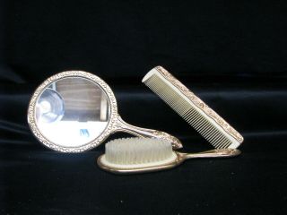 Vintage Victorian Hair Brush Comb And Mirror Vanity Set Gold Tone