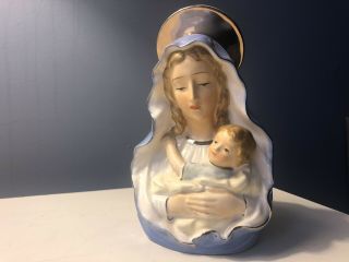 Vintage 1960s Porcelain Madonna Mary Child Jesus Religious Planter Blue Gold